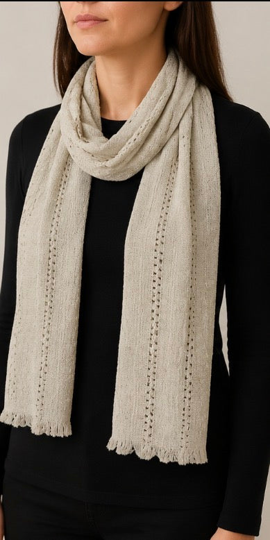Cream Open-Weave Woven Scarf Wrap with Fringe