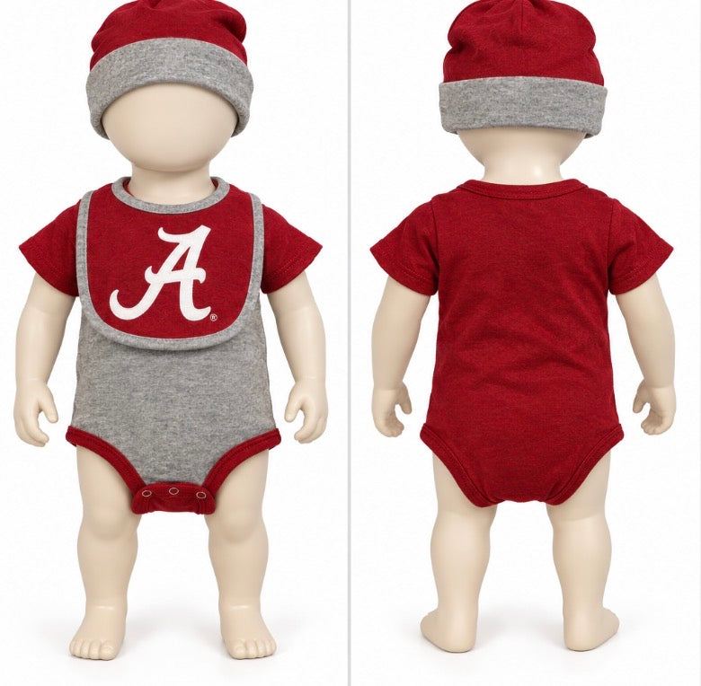 Gen2 Alabama Crimson Tide Baby Bodysuit Bib Hat Set 3–6 Months NWT