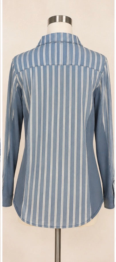 Cisono Women Blue & White Striped Button-Down Shirt – M/L