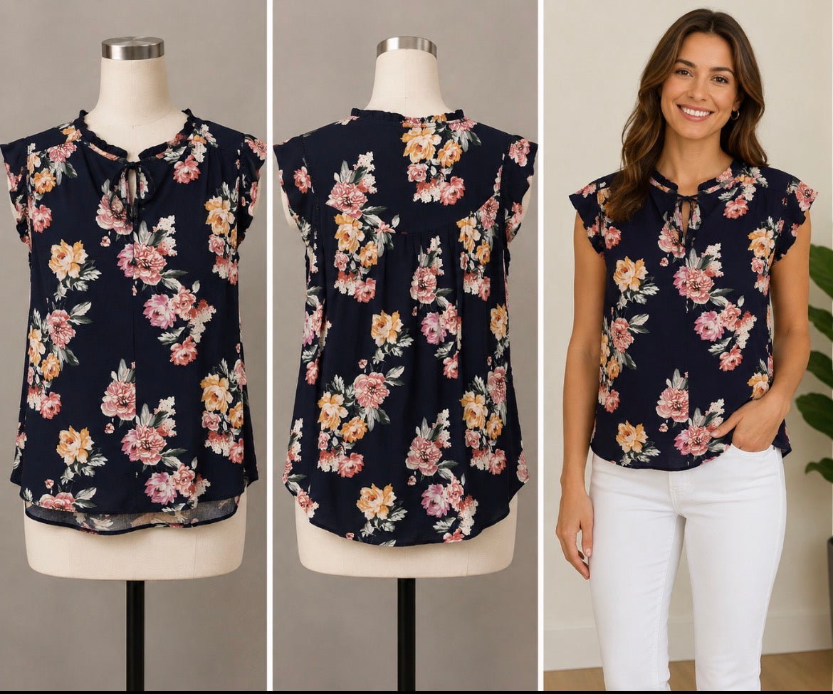 Buffalo-Womens-V-Neck-Flutter-Sleeve Floral Blouse ~Women’s Size Medium ~Excellent Condition
