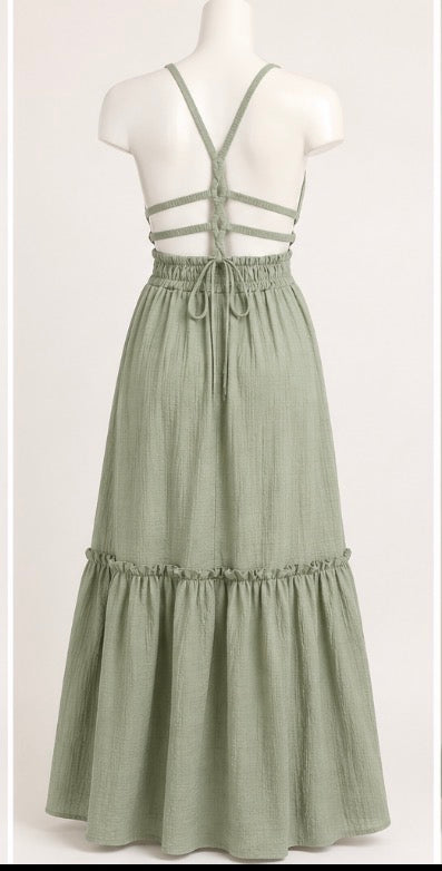 Fashion Nova Ellen Tiered Maxi Dress Sage Green Size Medium NWT