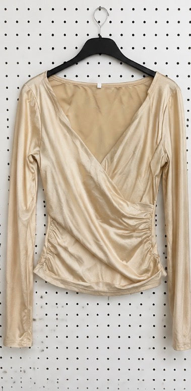 Women’s Champagne Satin Long-Sleeve Ruched Wrap Top
