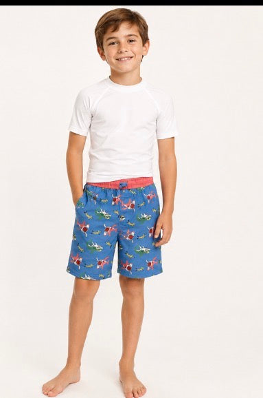 O’Rageous Boys Medium Shark Print Swim Trunks Blue Coral Lined