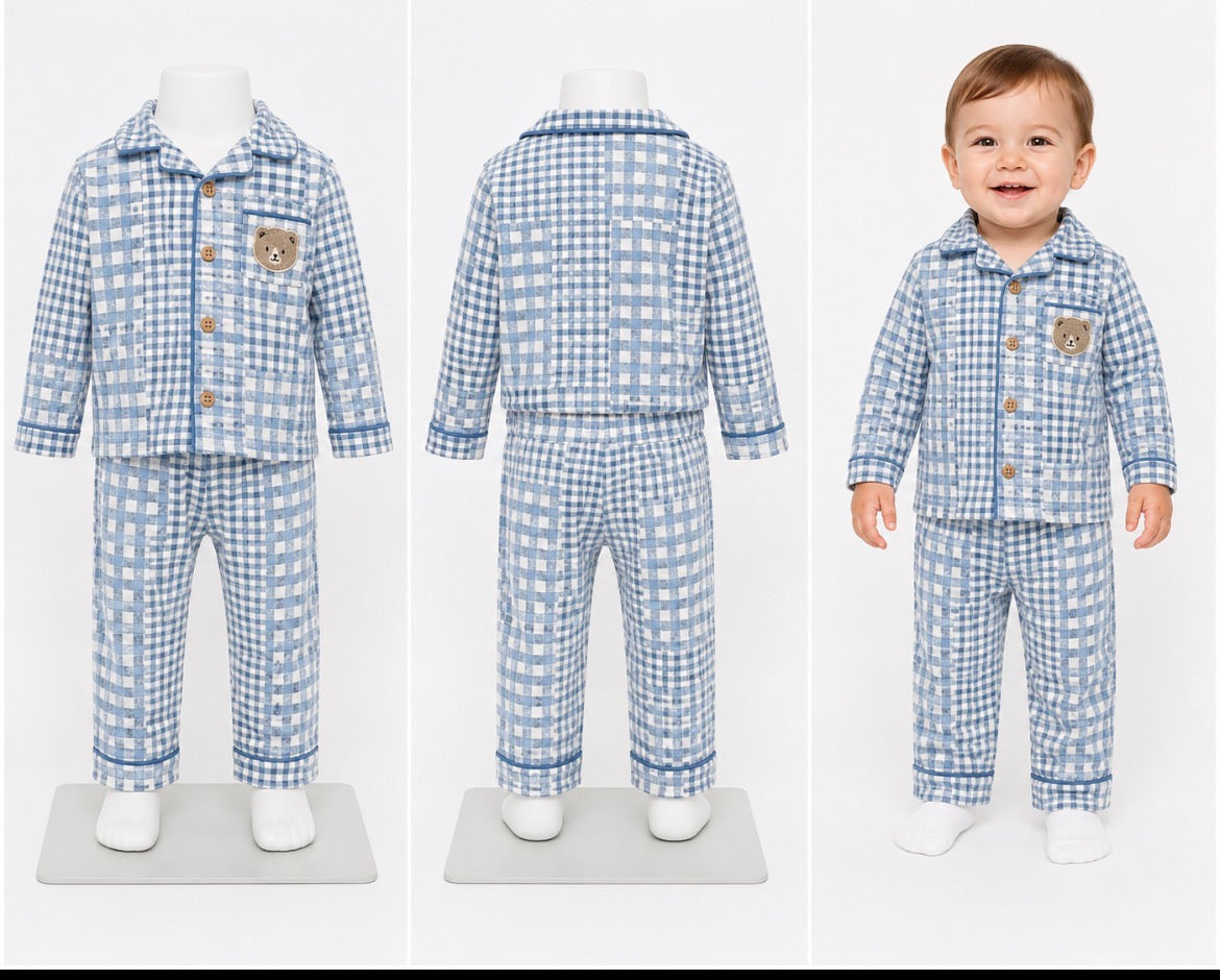 BEARPAW Baby Boys 18M Blue & White Plaid Teddy Bear 2-Piece Pajama Set