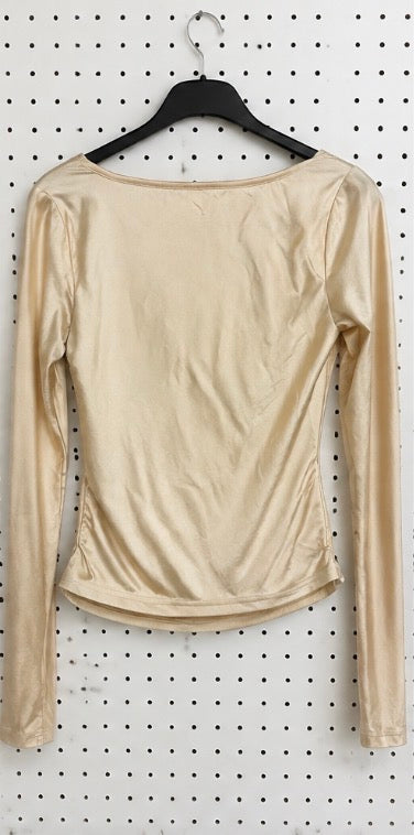Women’s Champagne Satin Long-Sleeve Ruched Wrap Top