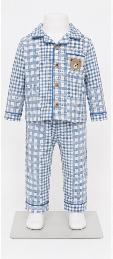 BEARPAW Baby Boys 18M Blue & White Plaid Teddy Bear 2-Piece Pajama Set