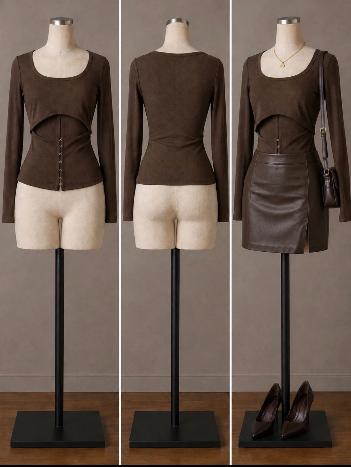 Fashion Nova Brown Long-Sleeve Cutout Hook & Eye Top — Women’s Size Medium