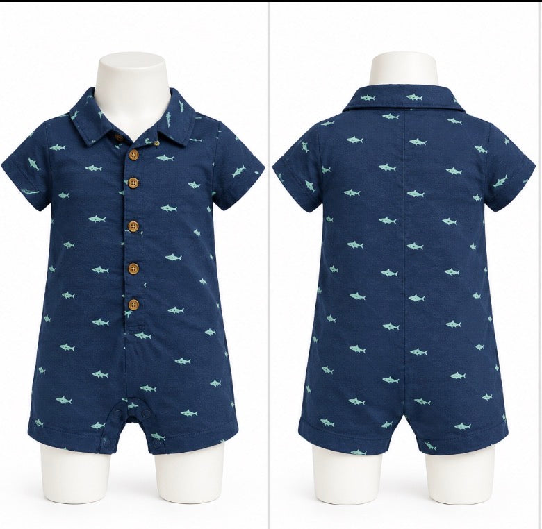Carter's Child of Mine short-sleeve baby boy romper with a shark print Size 6-9M