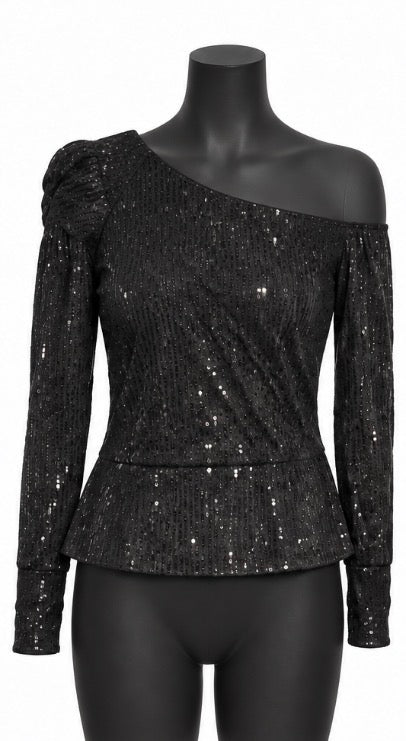 Genhoo Women’s Black Sequin Long Sleeve Peplum Party Top Size Large