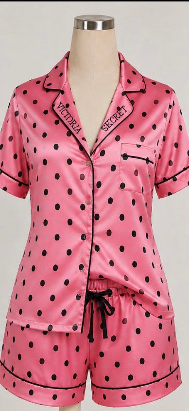 Victoria’s Secret Pink Black Polka Dot Satin Pajama Set XL NWT – 2 Piece