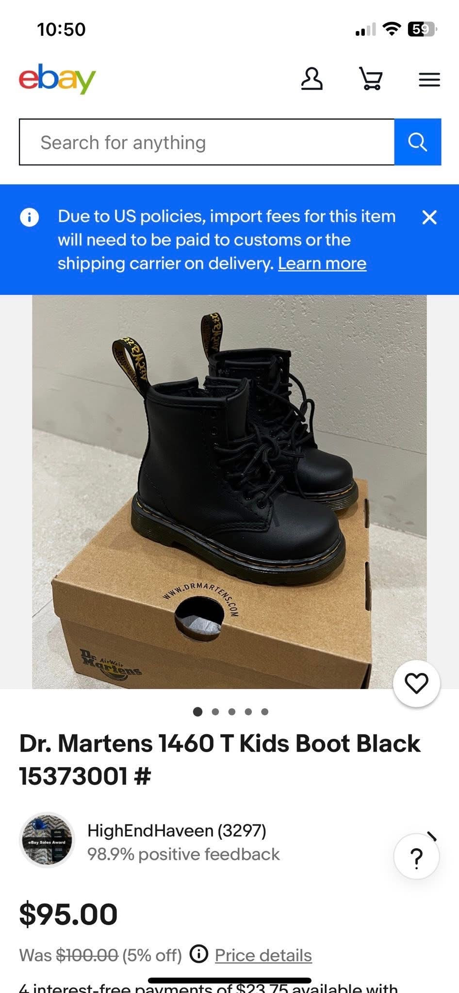 Dr. Martens 1460 T Kids Boot Black -Girl Size 13y