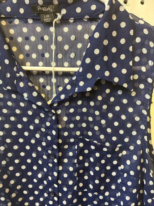 Rhapsody L/G navy blue and white polka dot chiffon button-down blouse