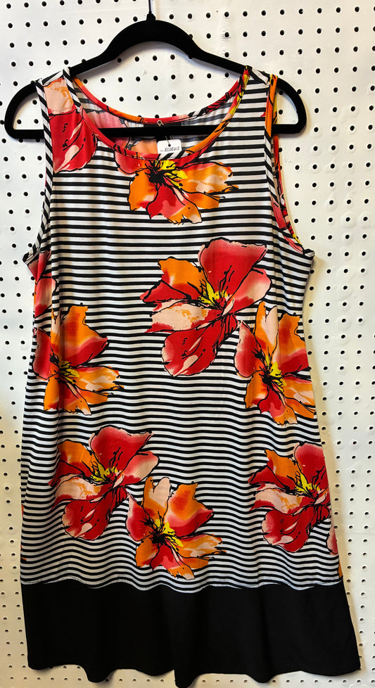 RN Studio Shift Dress Size XL Sleeveless Floral Black White Striped Tank