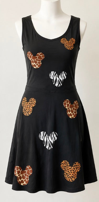 Women’s Black Animal-Print Mickey Silhouette Sleeveless Dress Size M/L