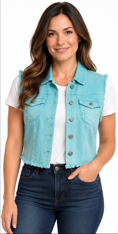 Thread & Supply Women’s Aqua Frayed Denim Vest Large 10/12