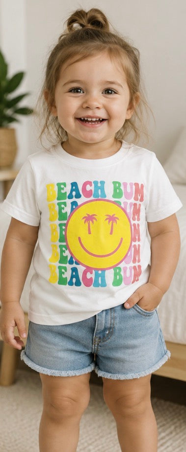 Girls Beach Bum Smiley Face Graphic T-Shirt White Colorful Summer Beach Tee- Size 14
