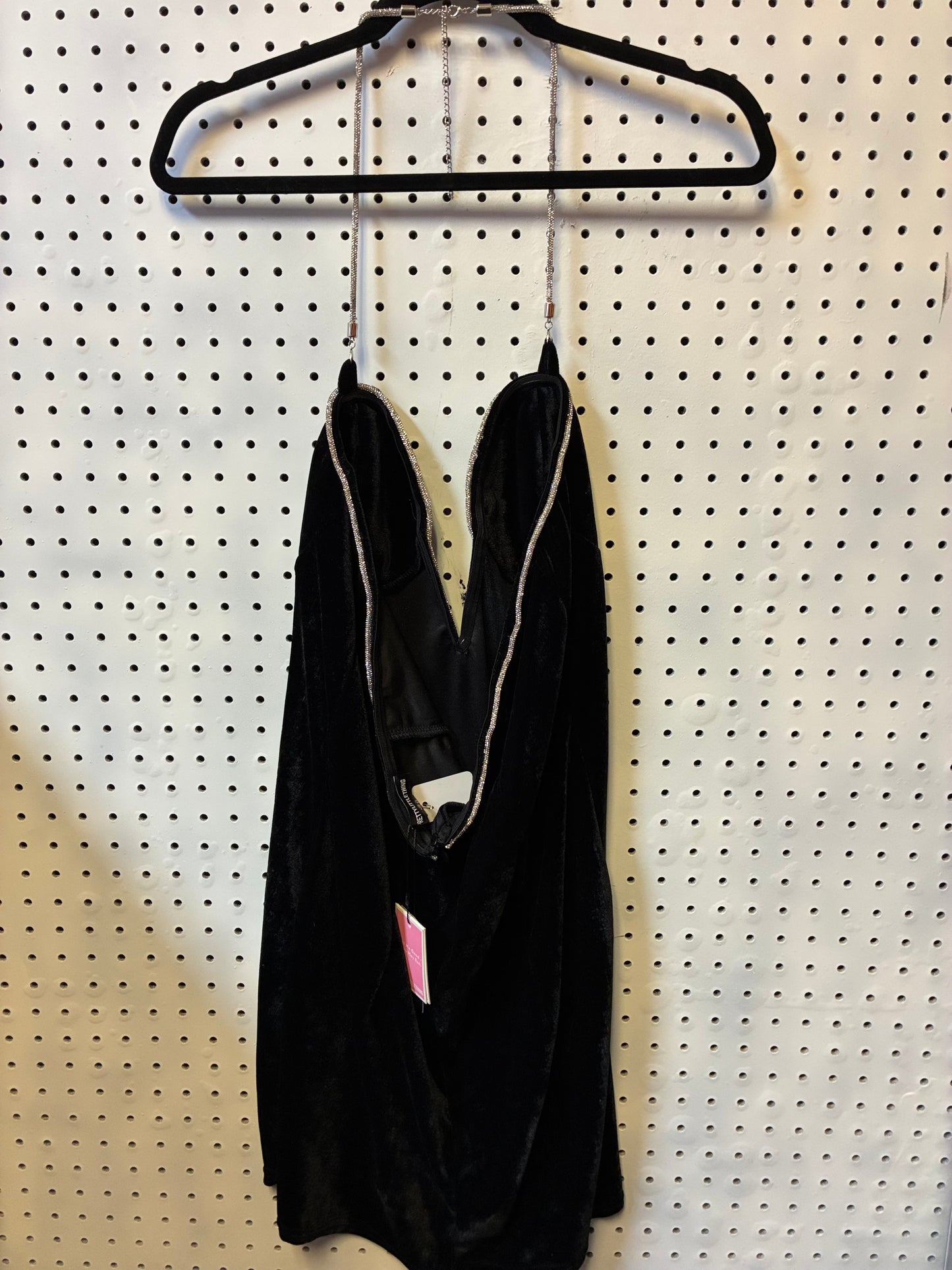 Pretty Little Thing BLACK DIAMANTE VELVET BUST DETAIL PLUNGE BODYCON DRESS- SIZE LARGE