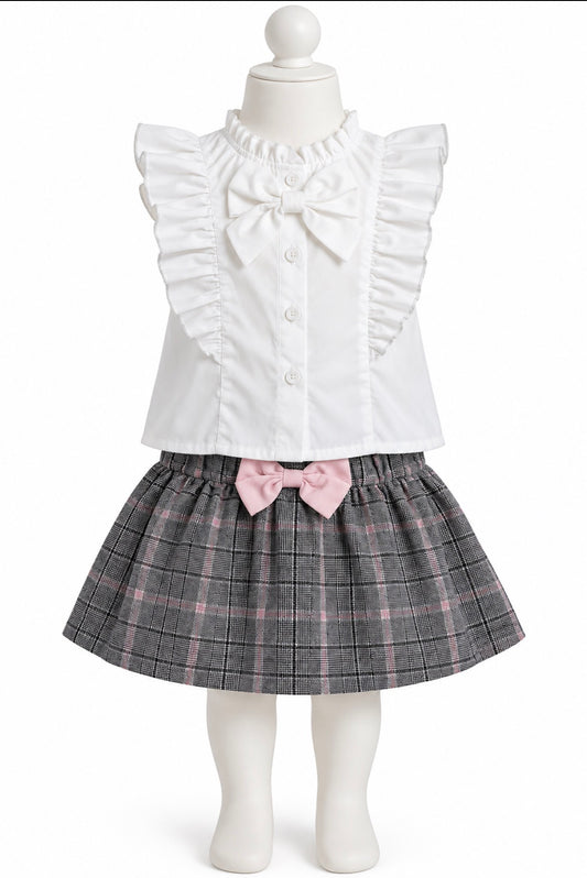 Girls 2pc White Ruffle Top & Plaid Skirt Set Size 18-24mons