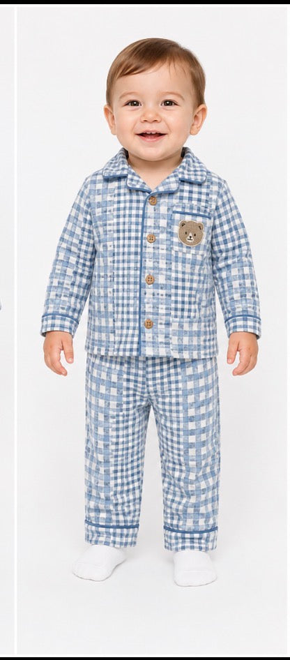 BEARPAW Baby Boys 18M Blue & White Plaid Teddy Bear 2-Piece Pajama Set