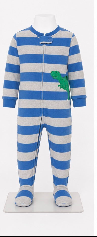 Carter’s Boys Blue & Gray Striped Dinosaur Fleece Footed Pajamas- Size 24mons