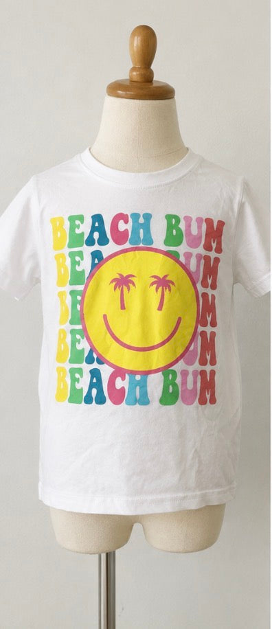 Girls Beach Bum Smiley Face Graphic T-Shirt White Colorful Summer Beach Tee- Size 14