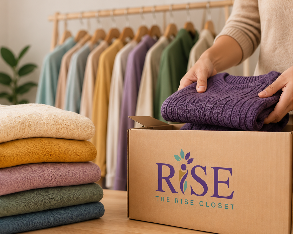 Bright photo of folded sweaters, clothing rack, and hands placing purple sweater into branded donation box